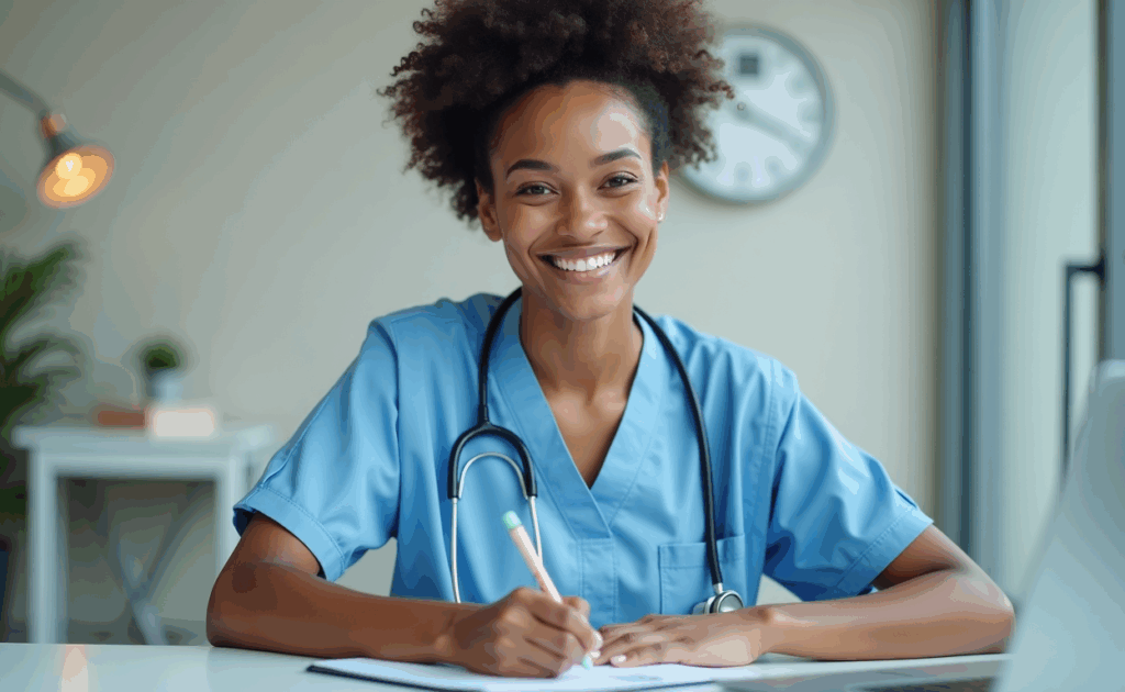 a medical assistant sitting down