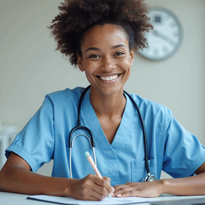 a medical assistant sitting down