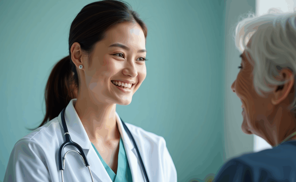 A cheerful medical assistant chatting with an older patient