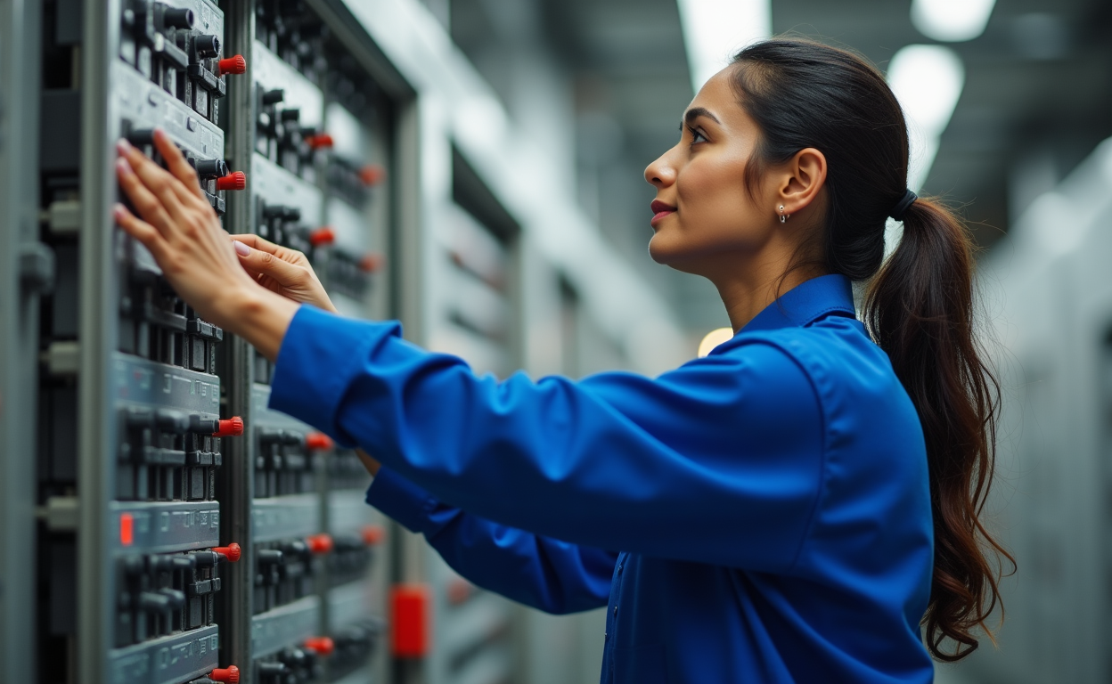 A female electrical technician at work