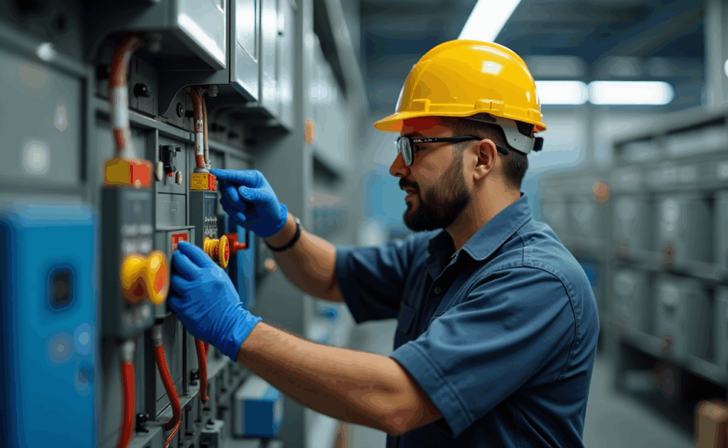 An electrical technician at work, wearing a yellow safety helmet