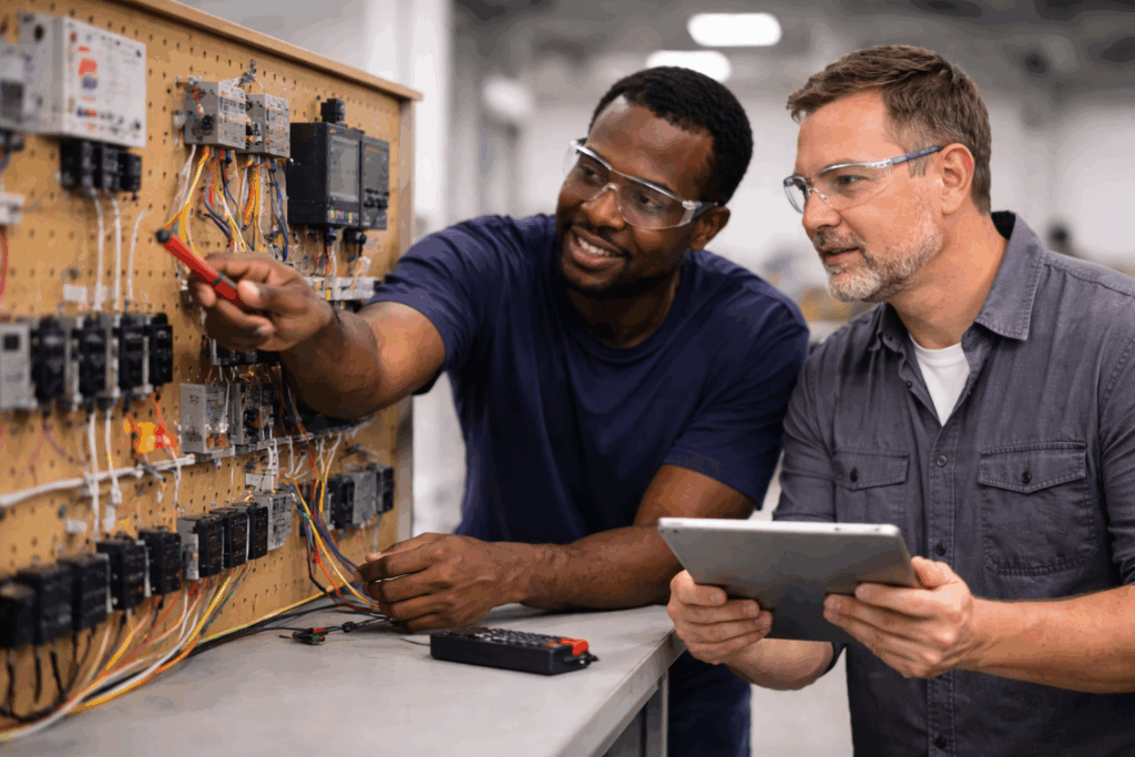 Electrical technicians working together on an electrical circuit system