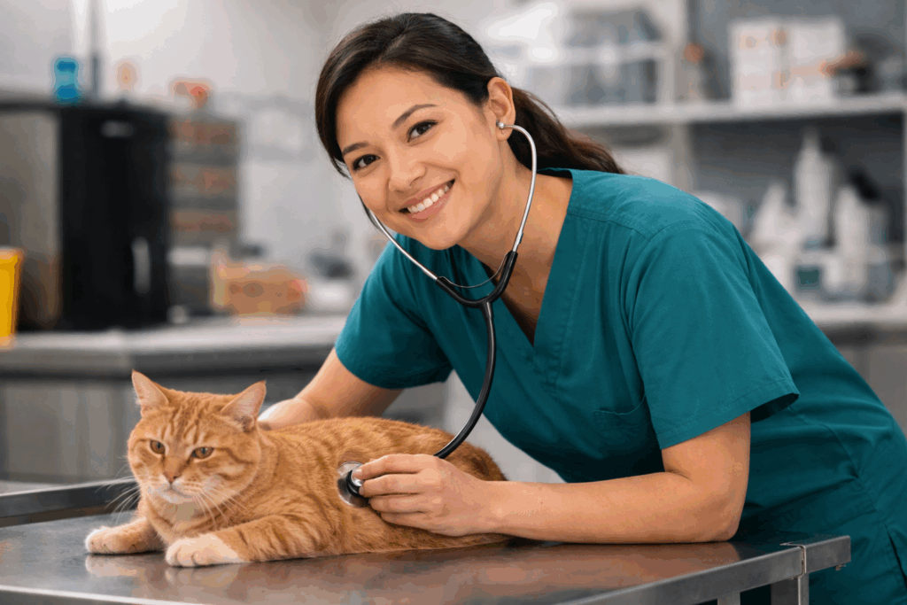 a veterinary technician caring for a cat