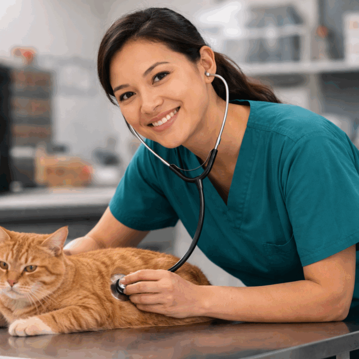 a veterinary technician caring for a cat