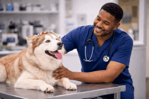 veterinary technician certification: a vet tech attends to a dog as part of his training