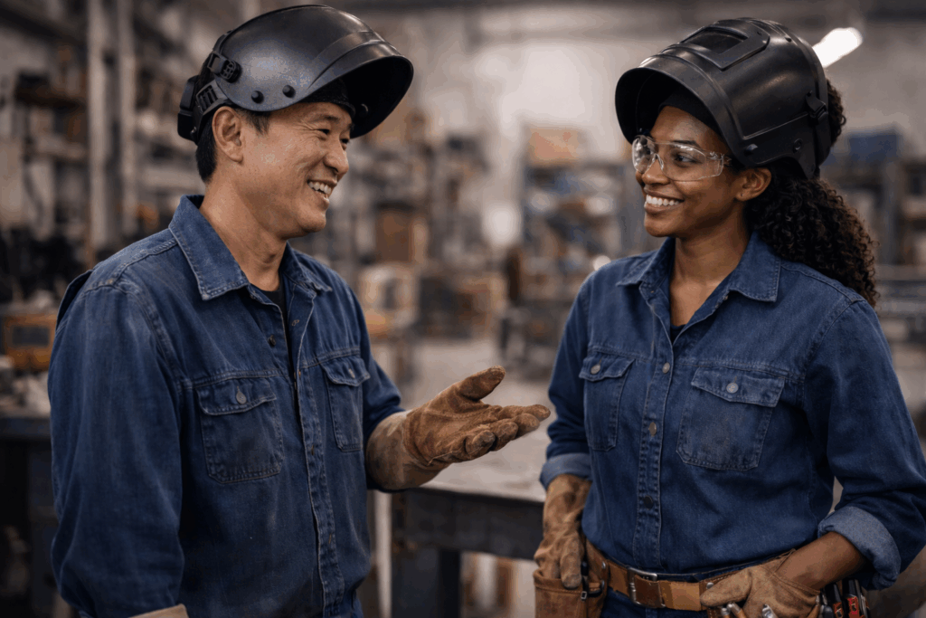 Two welders in blue work shirts and leather gloves talk in a workshop with their welding helmets raised.