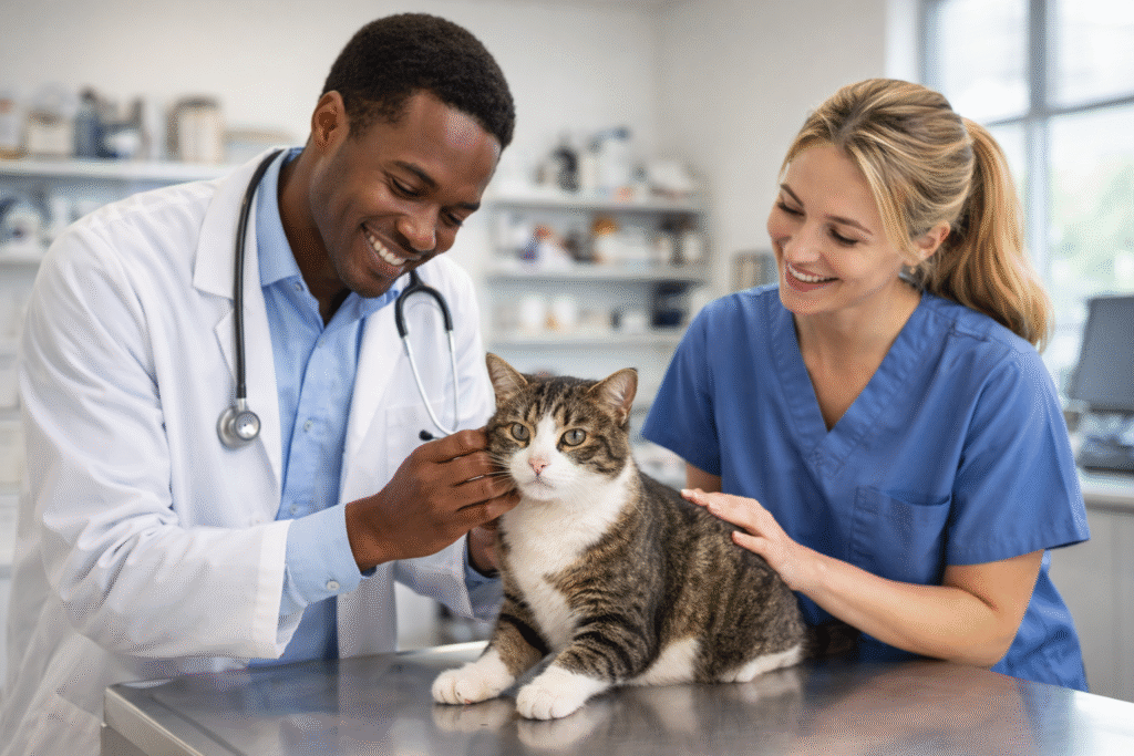Veterinarian and veterinary technician working together to provide animal care in a veterinary setting