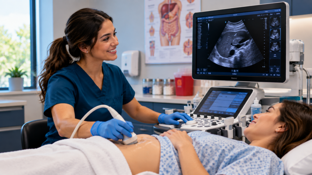 Sonographer holds an ultrasound probe against a patient’s abdomen while an ultrasound image appears on the monitor.