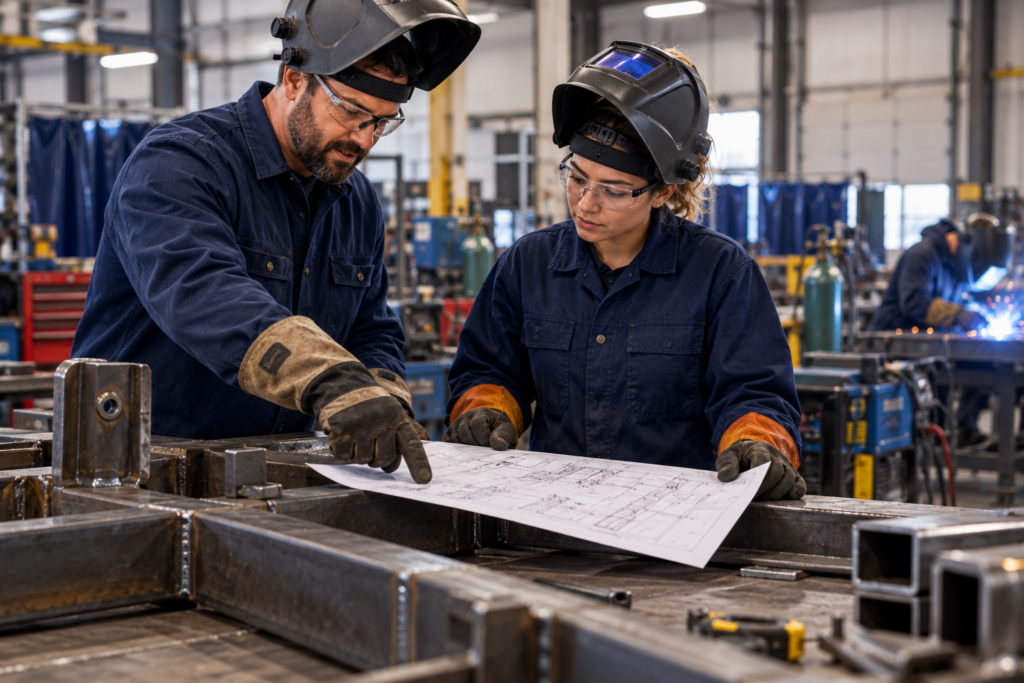 Welding instructor and student reviewing a technical blueprint in a fabrication training lab