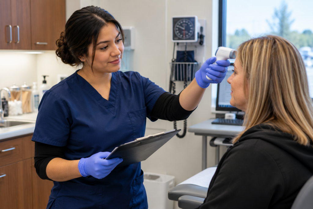 Medical assistant taking a patient's temperature during a clinical intake