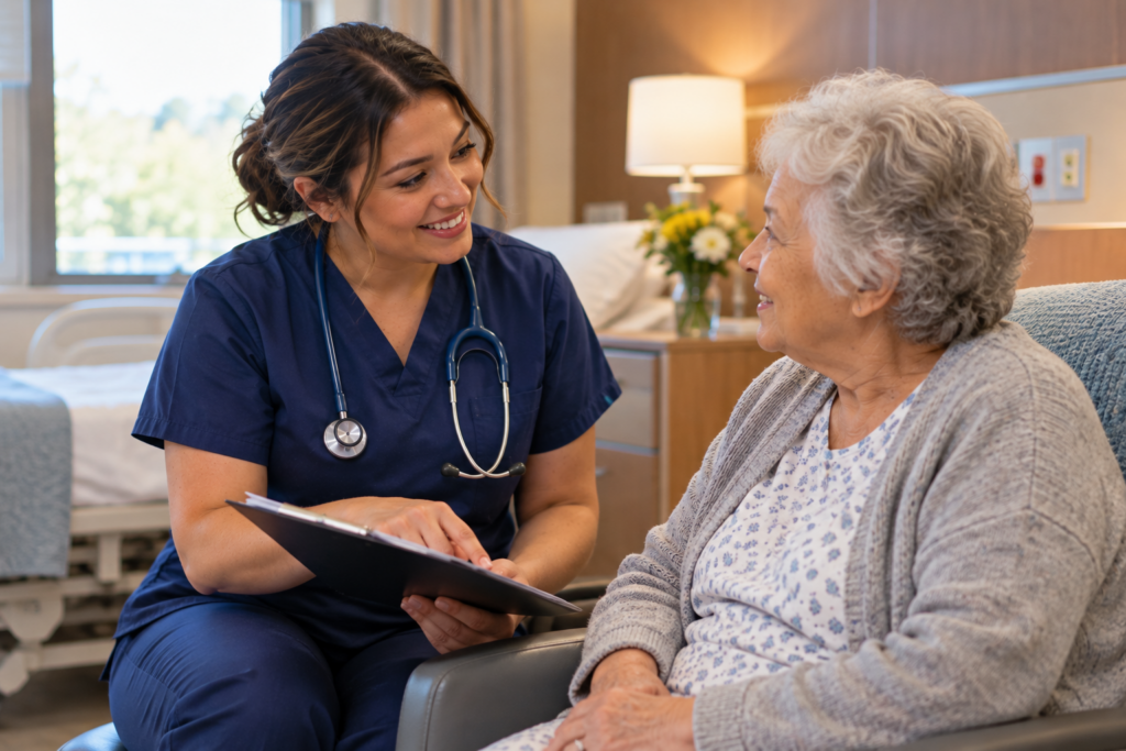 Nurse in navy-blue scrubs discussing a care plan with an older adult in a long-term care setting.