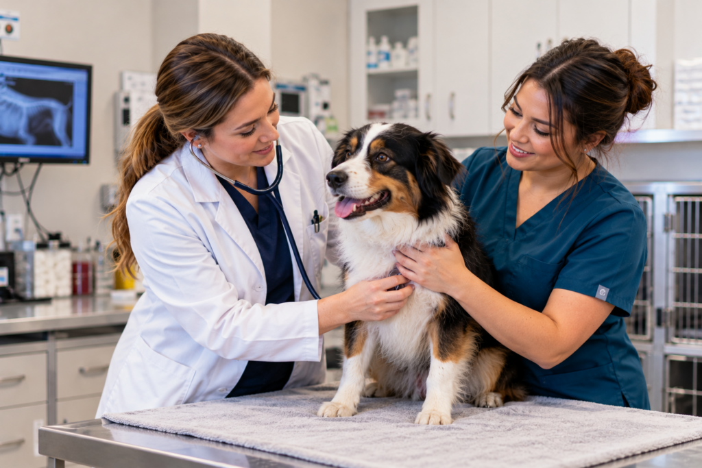 Veterinary technician assisting a veterinarian during a dog's physical examination