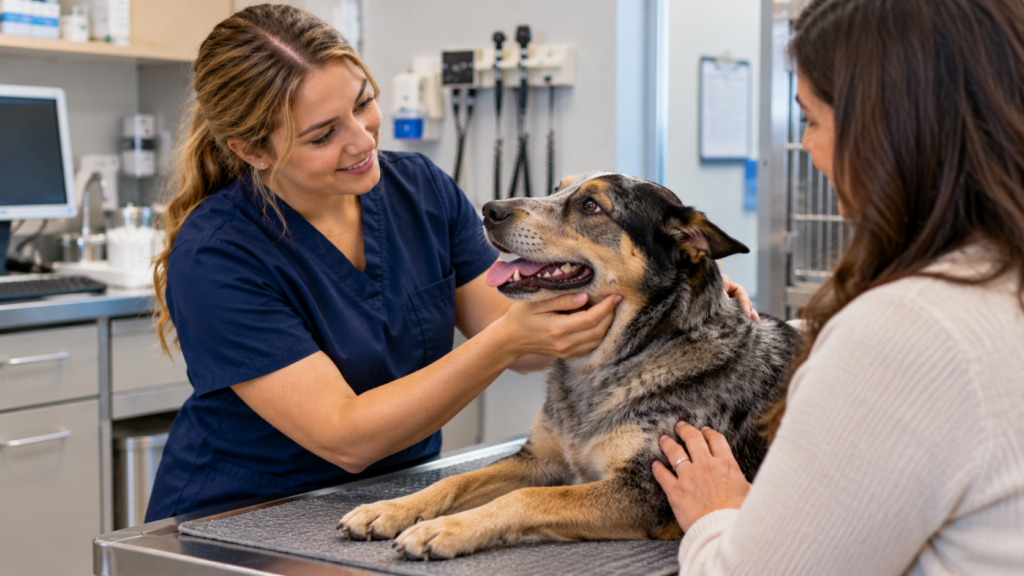 Veterinary professional in navy scrubs gently supporting an Australian Cattle Dog on an examination table while communicating with the dog's owner.