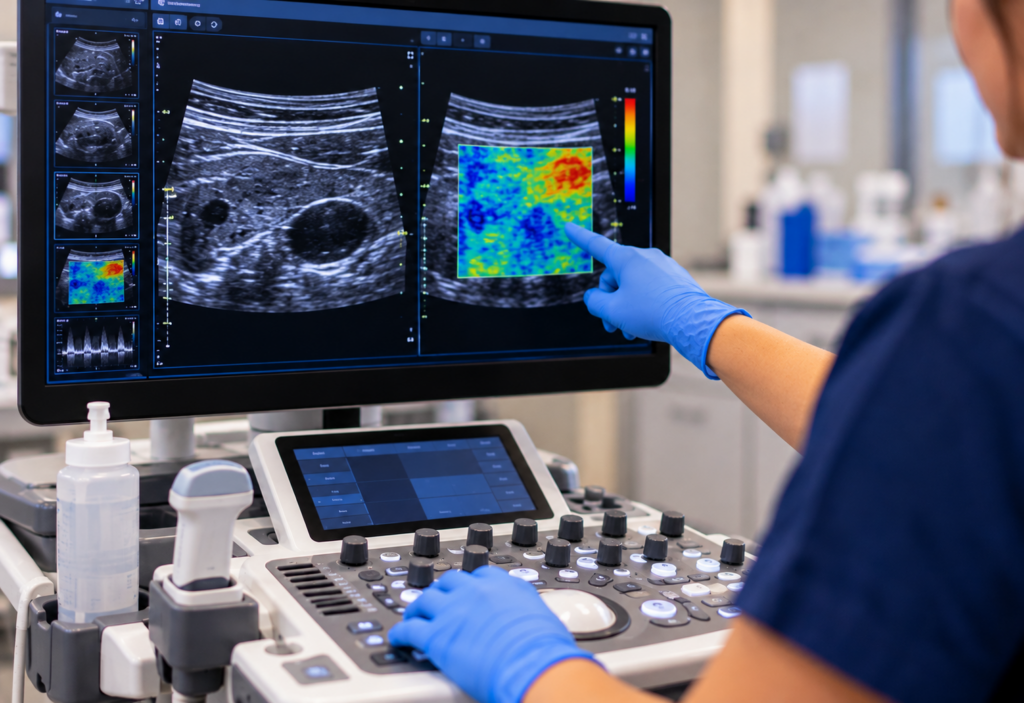 Close-up of an ultrasound workstation displaying grayscale imaging beside a color-coded elastography visualization as a clinician operates the console.