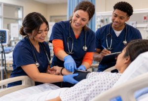 Nursing instructor guides two students during a blood pressure assessment demonstration with a patient in a clinical training setting.