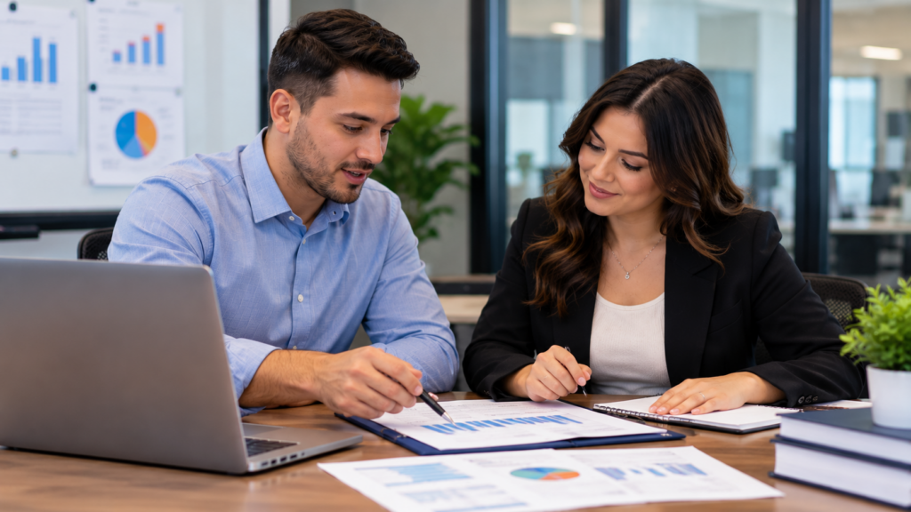 Business professionals reviewing financial charts and business reports during a collaborative meeting