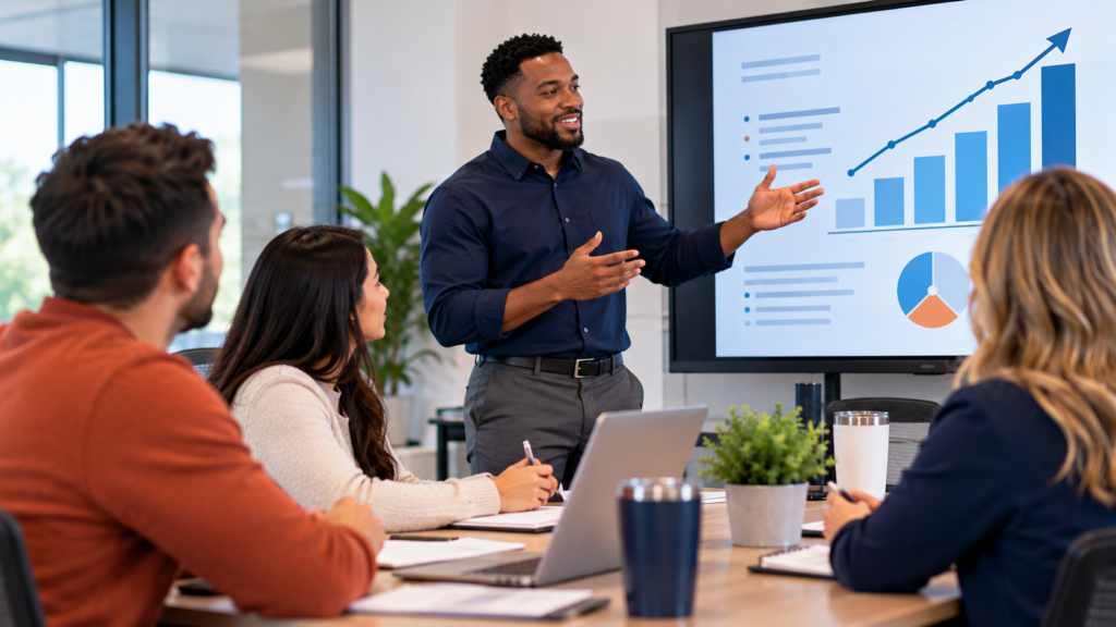 Business professional in a navy shirt presents charts on a screen while three colleagues listen in a conference room.