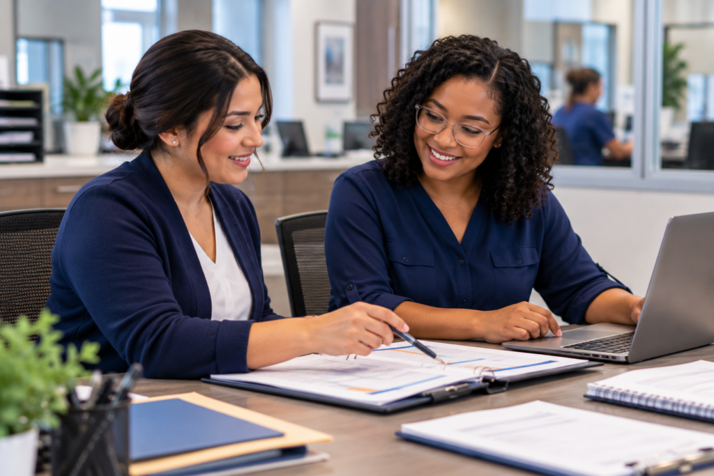 Healthcare administration professionals reviewing operational materials together in a medical office