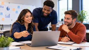 Three business professionals collaborate around a laptop during a workplace discussion, with notebooks and documents on the table.