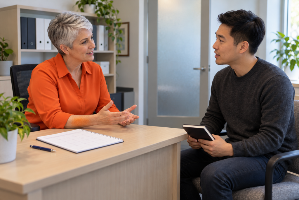 Advisor in an orange blouse speaks with an adult learner holding a notebook across an office desk with a planner.