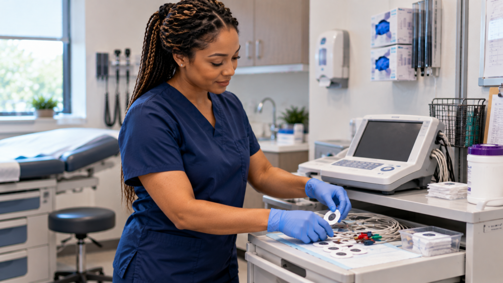 Medical assistant in navy-blue scrubs organizing EKG electrodes and lead wires beside an electrocardiogram machine.
