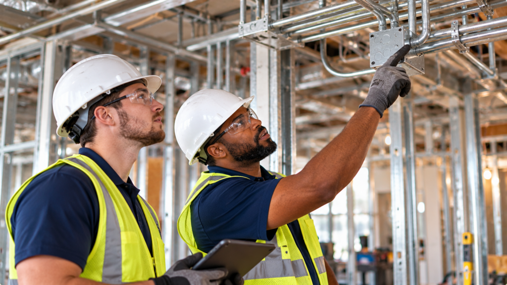 Two electrical technicians wearing hard hats, safety glasses, and high-visibility vests inspect conduit installations at a commercial construction site.