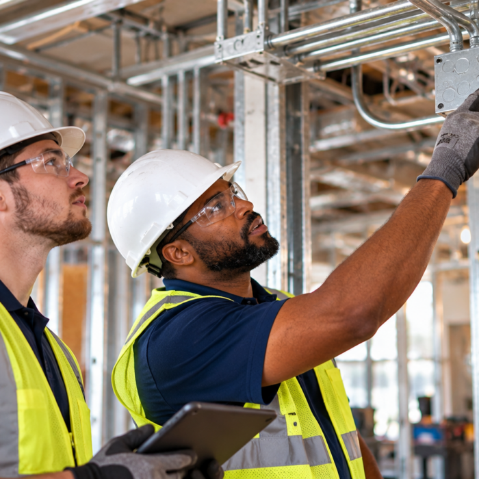 Two electrical technicians wearing hard hats, safety glasses, and high-visibility vests inspect conduit installations at a commercial construction site.