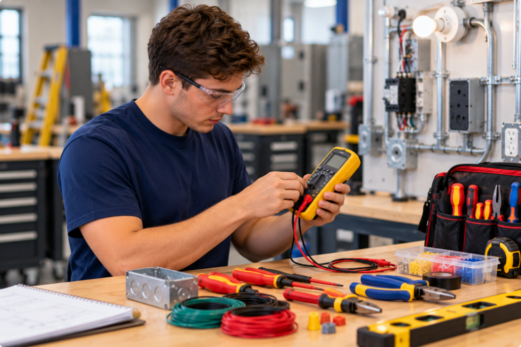Electrical technician wearing safety glasses examines a digital multimeter at a workbench surrounded by screwdrivers, pliers, and other electrical tools.