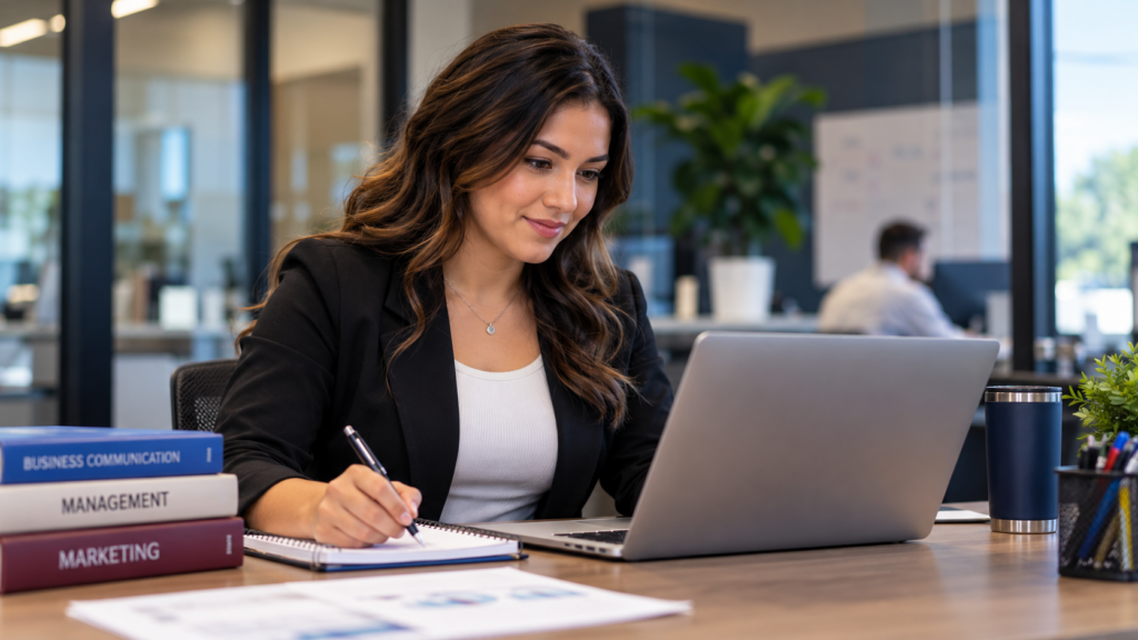 Business administration student completing online coursework at a laptop