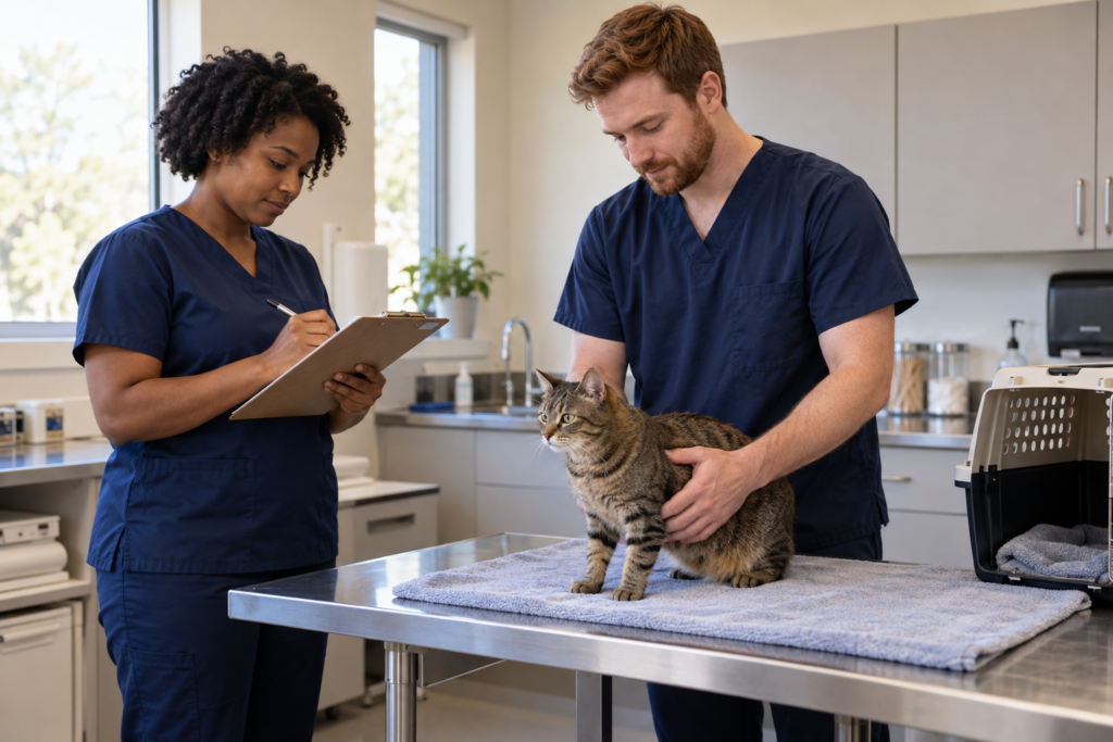 Two animal care workers in navy scrubs assess a tabby cat on an examination table, with one recording observations on a clipboard.