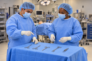 Two people in surgical gowns, masks, caps, and gloves review instruments on a draped table in a simulation lab.
