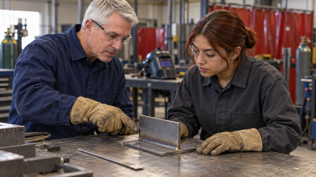 Instructor and learner wearing safety glasses and leather gloves examine a weld joining two steel plates at a workshop bench.