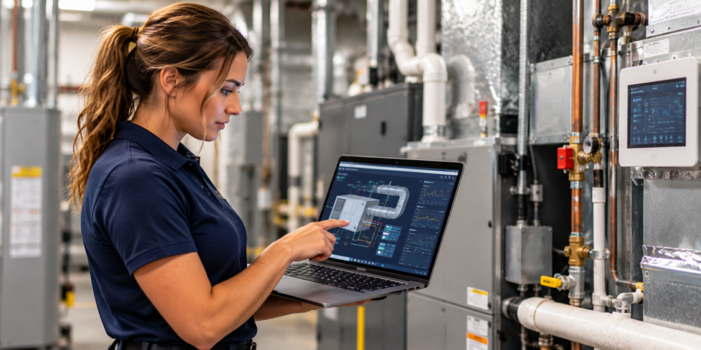 HVAC/R technician in a navy polo reviews a digital building-controls dashboard on a laptop inside a mechanical room.