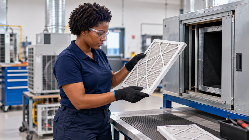 HVAC/R learner wearing safety glasses and navy workwear examining a pleated air filter beside an open air-handling unit in a technical training lab.