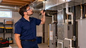 HVAC technician wearing a navy work shirt using a flashlight to inspect overhead ductwork in a residential utility room.