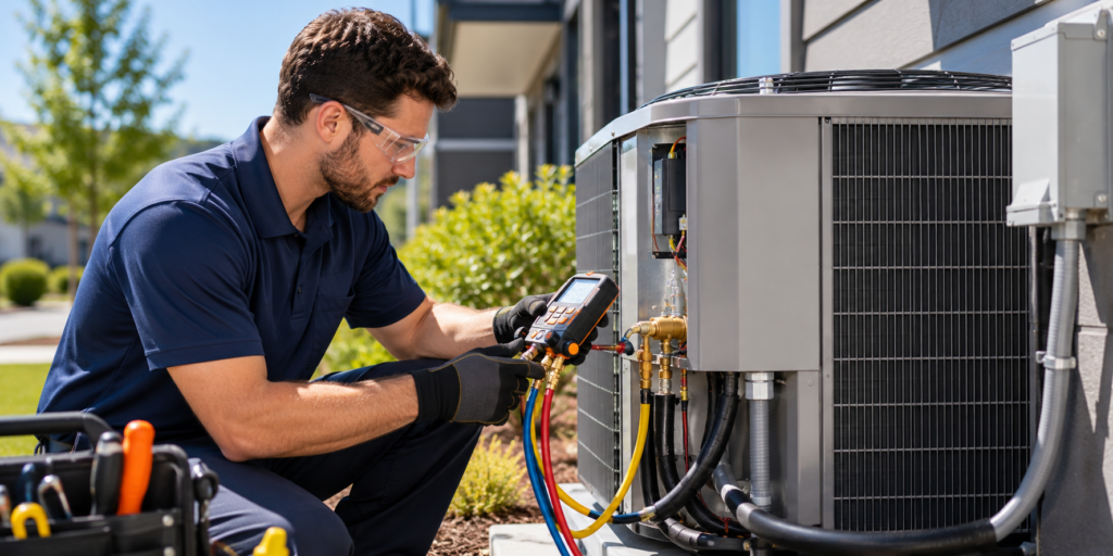 An HVAC/R technician wearing navy work clothes and safety glasses uses digital diagnostic equipment beside an outdoor residential air-conditioning unit.