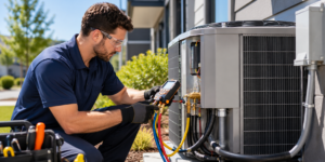 An HVAC/R technician wearing navy work clothes and safety glasses uses digital diagnostic equipment beside an outdoor residential air-conditioning unit.