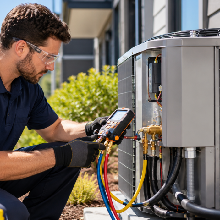 An HVAC/R technician wearing navy work clothes and safety glasses uses digital diagnostic equipment beside an outdoor residential air-conditioning unit.
