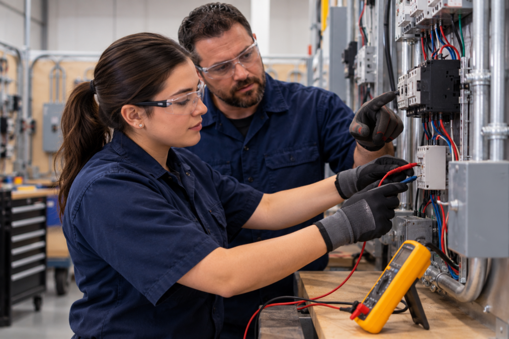 Electrical technician student using a multimeter during hands-on troubleshooting training
