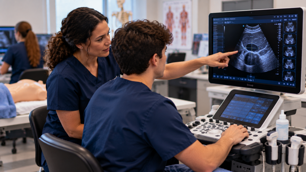 Sonography student reviewing ultrasound images with an instructor during hands-on training