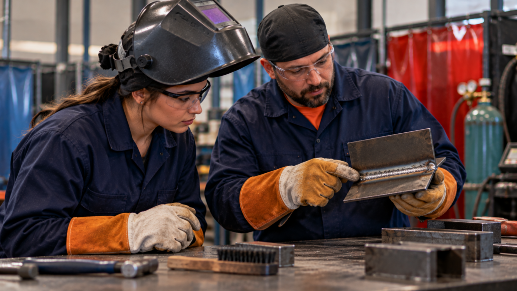 Two welding professionals wearing protective workwear and safety glasses examine the weld bead on a steel workpiece in a workshop.