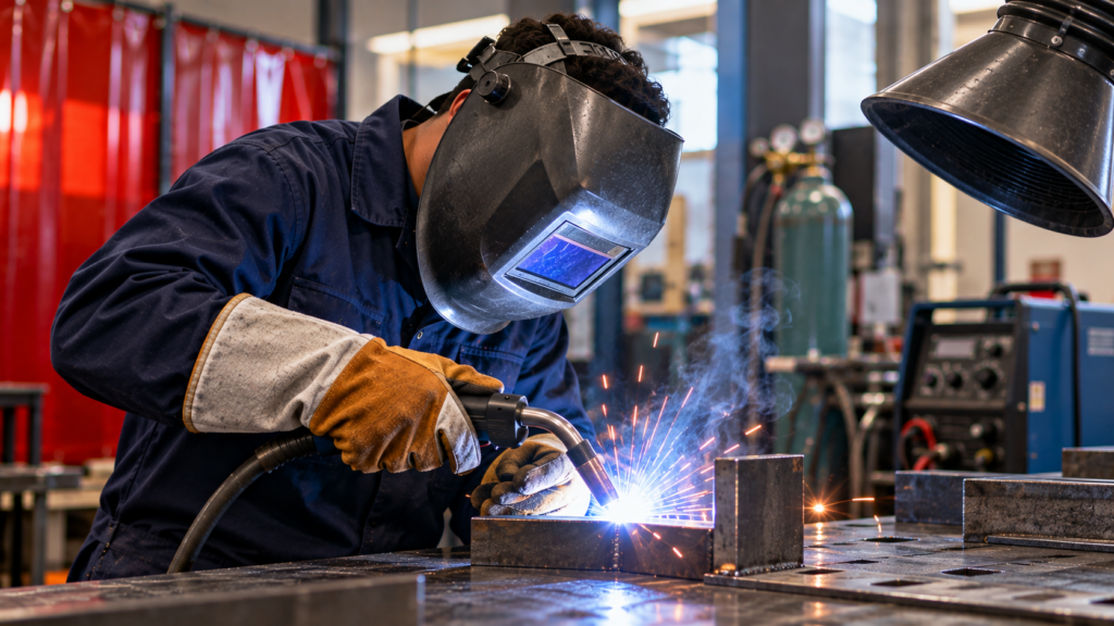 Welder wearing a protective helmet, navy workwear, and heavy gloves performs a weld on steel at an industrial workbench.