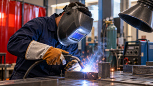 Welder wearing a protective helmet, navy workwear, and heavy gloves performs a weld on steel at an industrial workbench.
