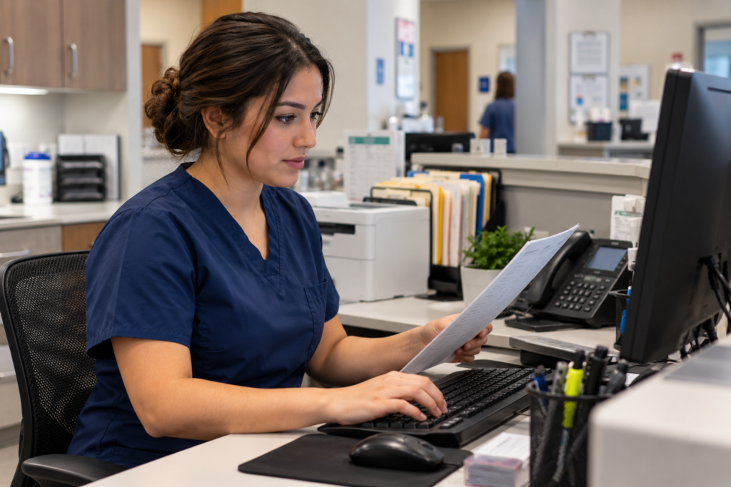 Medical assistant reviewing patient information and completing administrative tasks at a healthcare workstation