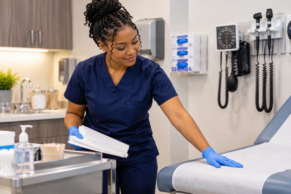 Healthcare professional in navy scrubs preparing an examination table with fresh paper in an outpatient clinic.
