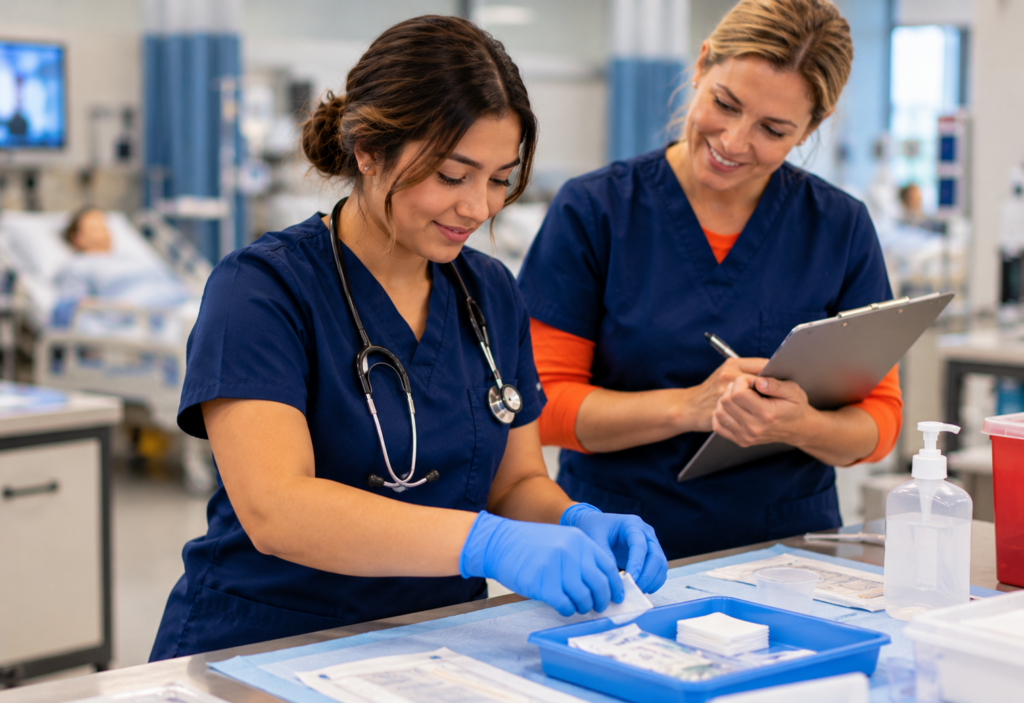 Nursing student wearing blue gloves prepares clinical supplies at a workstation while an instructor observes with a clipboard.