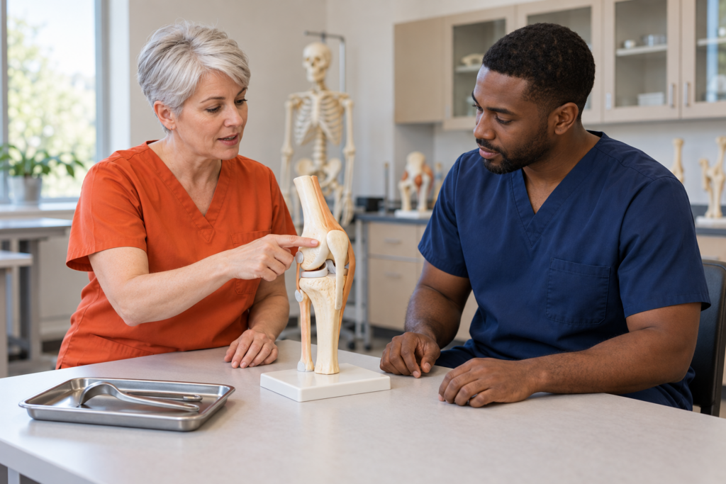 Instructor in orange scrubs points to a knee joint model while a learner in navy scrubs watches at a classroom table.