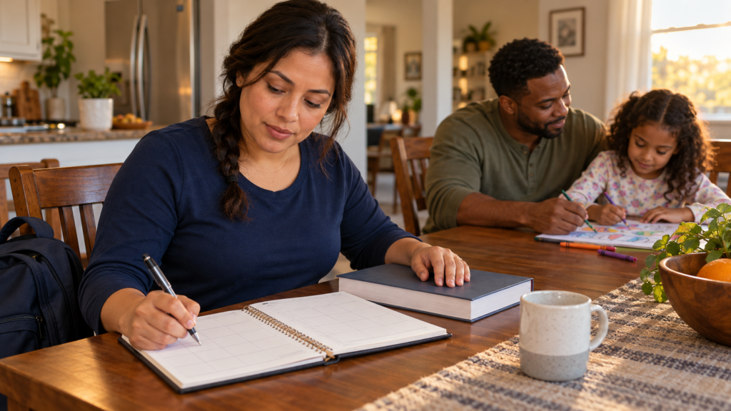 Woman in a navy top writes in a planner at a dining table while an adult and child color together nearby.