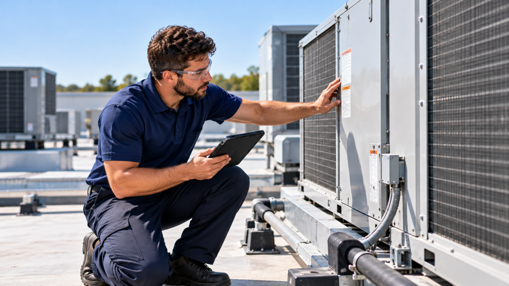 HVAC technician wearing safety glasses inspecting a commercial rooftop heating and cooling unit while holding a tablet.