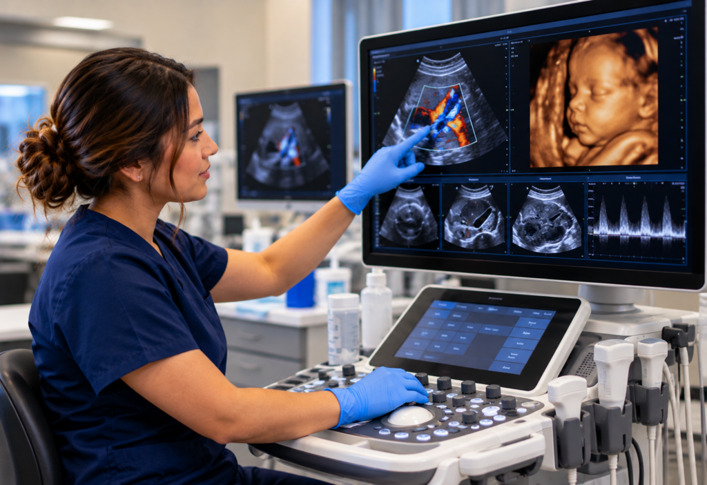 Sonographer operates an advanced ultrasound workstation displaying grayscale scans, color Doppler imaging, spectral waveforms, and a 3D fetal image.
